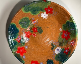 Handmade Ceramic Bowl with Geraniums Flower Decoration