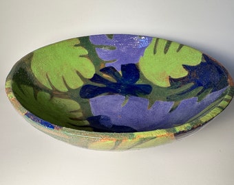 Handmade Ceramic Bowl with Blue and Green Leaves