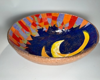Handmade Ceramic Bowl with Crescent Moon over a Little Village