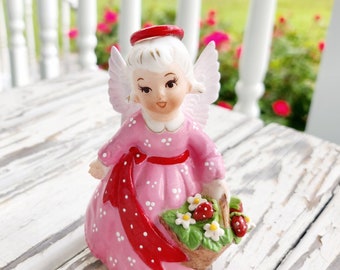 Vintage Strawberry Angel Figurine, St. Peter Will Never Get Me to Tell Him My Prized Strawberry Pie Recipe, Refurbished Angel Figurine