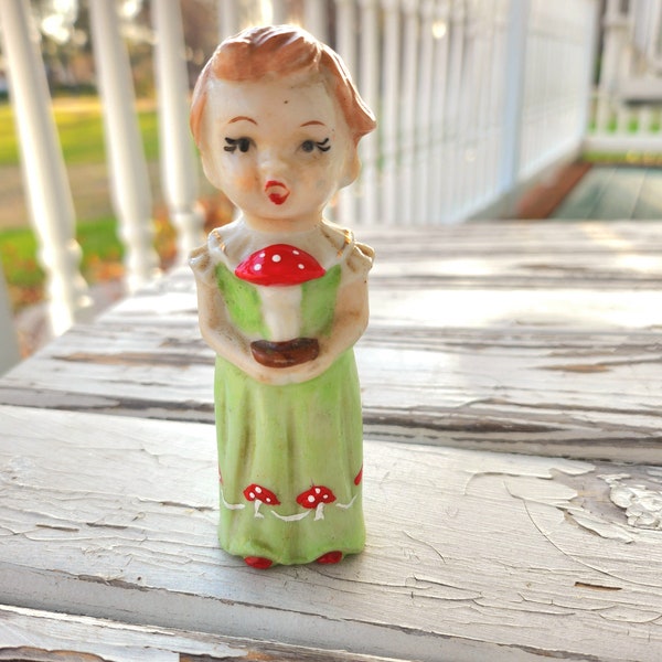 Vintage Figurine, Winner of the Little Miss Mushroom Pageant, Refurbished Figurine, Refurbished Vintage Figurine, Cottagecore OOAK