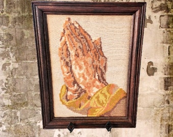 Vintage Crewell Needlepoint Picture, She Believed in the Power of Prayer, Vintage Picture