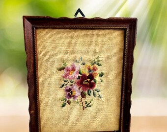 Vintage Floral Crewel Needlepoint Picture, Vintage Picture