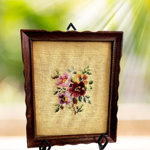 Vintage Floral Crewel Needlepoint Picture, Vintage Picture