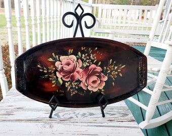 Mid Century Wooden Serving Tray with Hand Painted Roses, She Loved Trays with Flowers on Them, Worn Vintage Tray