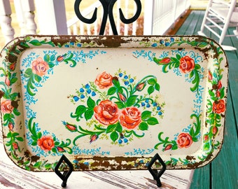 Mid Century Metal Serving Tray, Even Her Wall Looked Like a Garden, Worn Metal Vintage Tray