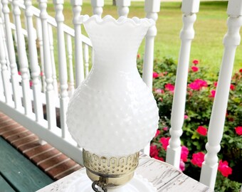 Vintage Milk Glass Hurricane Style Lamp, Ruffled Hurricane Glass Lamp