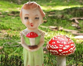 Vintage Figurine, Winner of the Little Miss Mushroom Pageant, Refurbished Figurine, Refurbished Vintage Figurine, Cottagecore OOAK