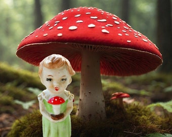 Vintage Figurine, Whimsical Little Girl Holding Mushroom, Refurbished Vintage Figurine, Refurbished Japan Figurine, Cottagecore OOAK