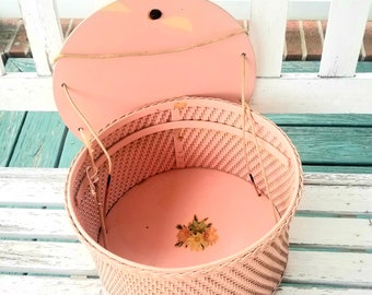 Vintage Pink Wicker Sewing Basket by Princess, Cottage Chic Sewing Box, Shabby Floral Decal, Sewing Basket