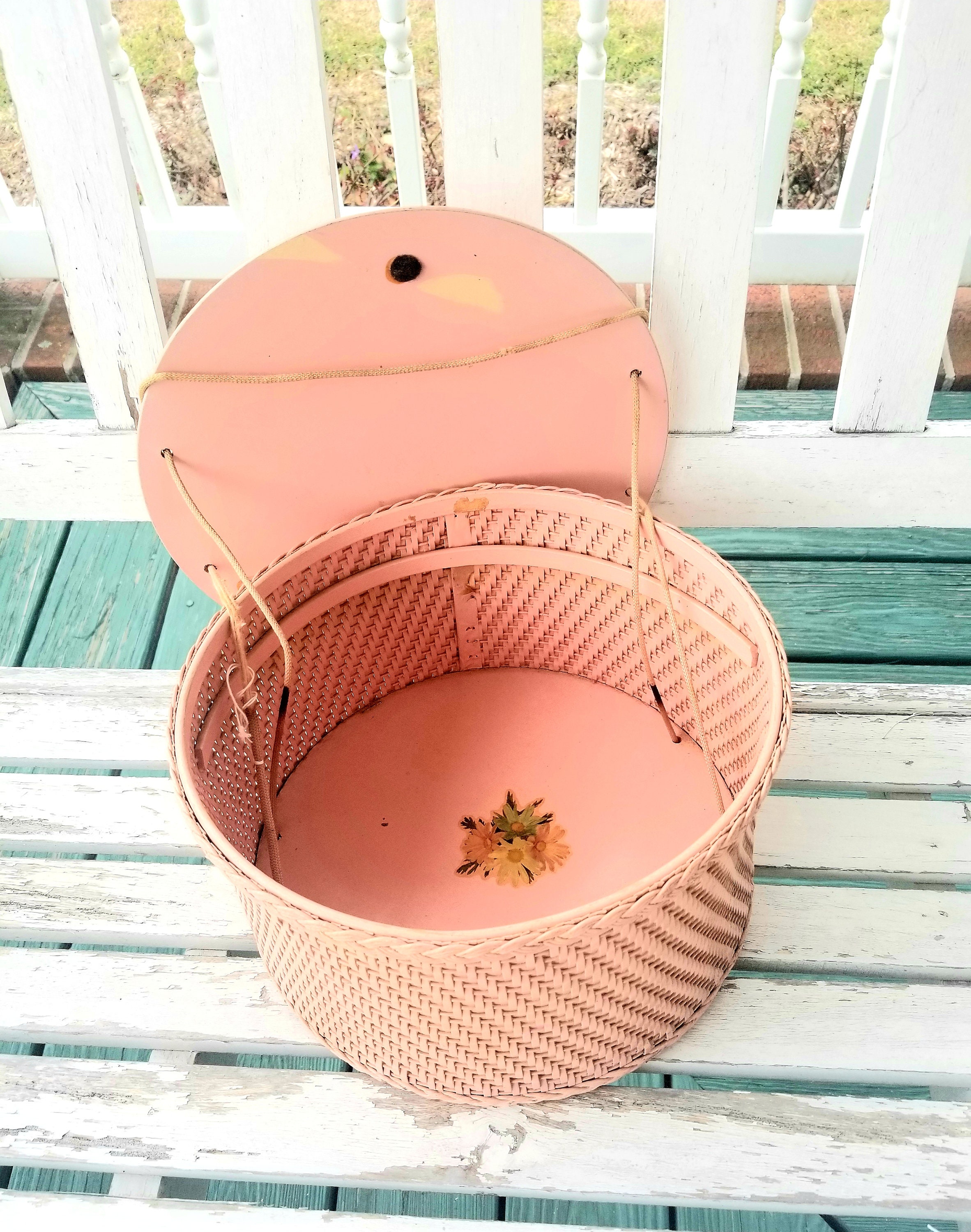 vintage woven wicker sewing basket embroidered lid Designed by Penney’s