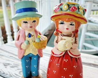 Vintage Easter Figurines, The Easter Egg Hunt, Vintage 1970's Boho Couple Dressed in Easter Best, Refurbished Figurines, Vintage Figurines