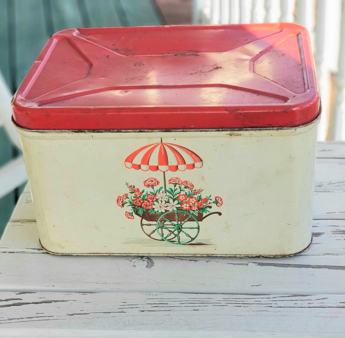 Mid Century Vintage Bread Box Featuring Flower Cart and Etsy