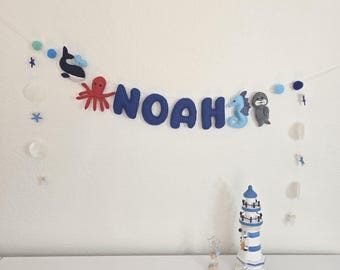 Personalized Ocean Name Garland | Custom Sea Animal Felt Garland | Handmade Nursery Decor | Ocean Themed Kids Room Decor | Baby Shower Gift
