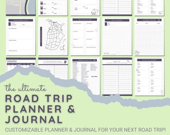 Könnte beinhalten: Ein druckbarer Roadtrip-Planer und -Tagebuch mit einem grauen Bergbereich-Design. Der Planer enthält Abschnitte für die Reiseroute, die Packliste, Hotelreservierungen, Notizen von einem Stopp, die Bilanz des Spaßes, das tägliche Tagebuch, die Ausgabenverfolgung, zu erledigen, bevor wir abreisen, Spaß mit Nummernschildern, Wunschliste, Sehenswürdigkeiten und einen Monatskalender.