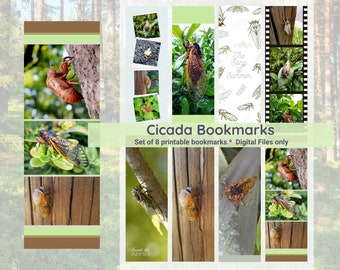 Utskrivbara bokmärken för cikador, set om åtta, direktnedladdning