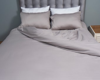 Gray Striped Cotton Sateen Duvet Cover and Pillowcases Set, Twin Full Queen Bed Cover, Eclectic Double Comforter Case, Cozy Quilt Cover