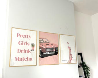 Trendy Pink Aesthetic Wall Art Set | Digital Download | Feminine Matcha Quote, Retro Car & Glam Legs Prints | Unbothered Girl Power Decor