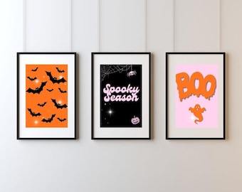 Pink Halloween Wall Art Set of 3 | Cute Spooky Prints | Girly Ghost Decor | Pastel Halloween Decorations | Printable Fall Room Decor
