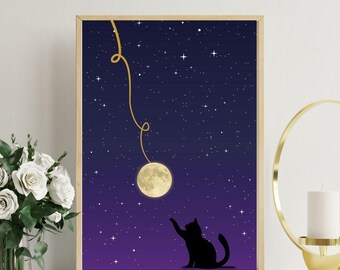 Whimsical Cat and Moon Print: Celestial Night Sky Illustration (Digital Download)