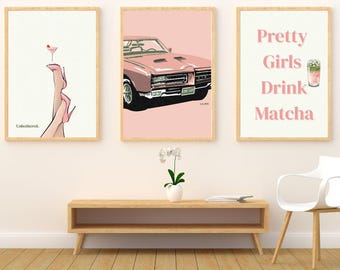 Trendy Pink Aesthetic Wall Art Set | Digital Download | Feminine Matcha Quote, Retro Car & Glam Legs Prints | Unbothered Girl Power Decor