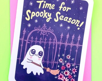 Dags för kuslig säsong, svepande spökhalloweenkort - gulligt glad halloween-anteckningskort, kusligt spökkort