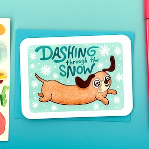 Dashing Through the Snow - Dachshund Christmas Card, Funny Dog Lover, Holiday Card, Doxie