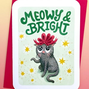 Meowy and Bright - Carte de Noël drôle, jolie carte de vœux, carte de correspondance de Noël, carte de petit garçon carte de vœux illustrée pour amoureux des chats jeux de mots doux