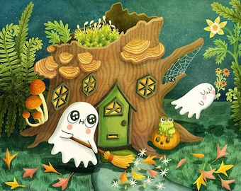 Ghosties - Süßer Geist Art Print Cottagecore Kunst Süßer Geist Kinderzimmer Kunst Halloween Illustration Pilz Niedliche Kunst für die Wand