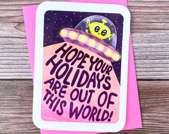 Hope Your Holidays are Out of this World Aliens - Funny Christmas Card Alien Cute Holiday Card Space Punny Card Illustrated Holiday Card