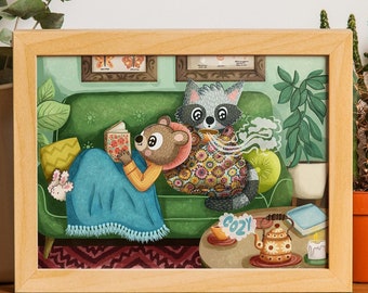 Cozy Tea and Animals Reading Art Print: Raccoon and Bear