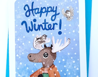 Happy Winter Moose - Moose Winter Card Christmas Card Cute Holiday Card Christmas Notecard Winter Card Illustrated Holiday Card Greeting