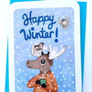 Feliz alce de invierno - Tarjeta de alce de invierno Tarjeta navideña Linda tarjeta navideña Tarjeta navideña con notas Tarjeta de invierno Tarjeta navideña ilustrada Saludo