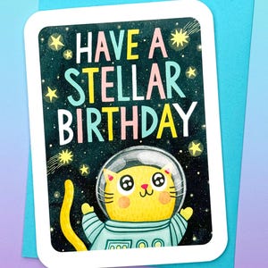 Passez un anniversaire stellaire avec un chat de l'espace - carte d'anniversaire drôle de chat, carte d'anniversaire dans l'espace, carte pour amoureux des chats, carte d'anniversaire astronaute, chat de l'espace