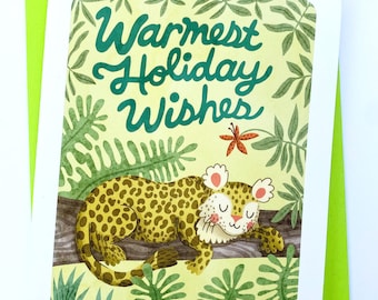 Warmest Holiday Wishes - Leopard Christmas Card Cute Holiday Card Christmas Notecard Punny Card Illustrated Holiday Card Jungle Christmas