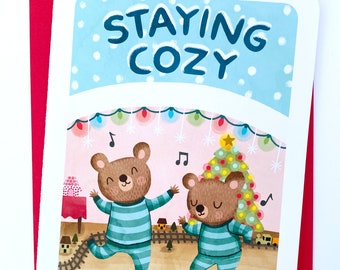 Staying Cozy - Bear Christmas Card Cute Holiday Card Christmas Notecard Illustrated Holiday Card Bears in Pajamas Staying Home Card