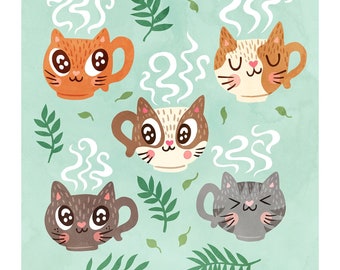 Cat Cafe - Cute Cat Print Cat Lady Art Cat Art Print Cat Illustration Plants Cat Art Mug Collection print Cat lover gift kitchen wall art