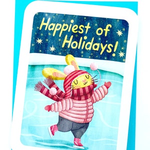 Happiest of Holidays - Bunny Christmas Card Cute Holiday Card Christmas Notecard Punny Card Illustrated Holiday Card Bunny Ice Skating Card