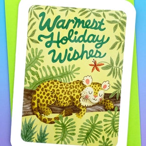 Warmest Holiday Wishes - Leopard Christmas Card Cute Holiday Card Christmas Notecard Punny Card Illustrated Holiday Card Jungle Christmas