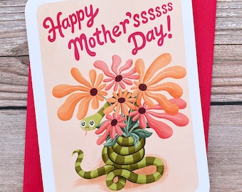 Happy Mothersss Day Snake Card - Cute Mother’s day card for mom Funny mom greeting card Snake Floral card Groovy Bouquet Gift for Mom