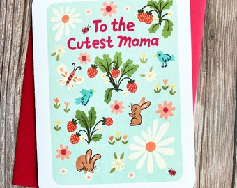 To the Cutest Mama Card - Cute Bunnies Mother’s day card for mom greeting card Spring Gift for Mom baby shower Strawberries New baby card