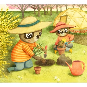 Springtime Planting Sloths Animal Illustration Sloth Art Print Garden Illustration Gender Neutral Baby Nursery Art Sloth Illustration image 1