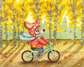 Autumn Bike Ride - Deer Illustration Autumn Art Print Woodland Illustration Gender Neutral Baby Nursery Art Deer Biking  Illustration