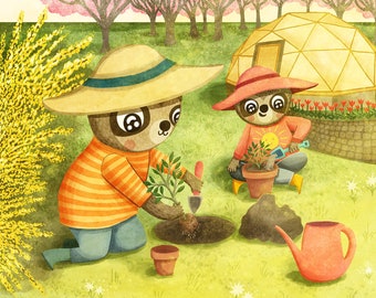 Springtime Planting Sloths - Animal Illustration Sloth Art Print Garden Illustration Gender Neutral Baby Nursery Art Sloth Illustration