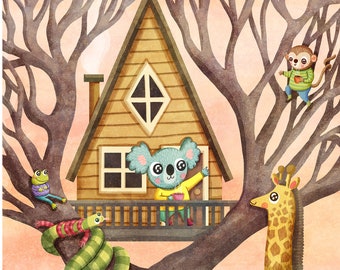 Treehouse Visit - Cute Animal Illustration treehouse Art Print Koala Illustration Gender Neutral Baby Nursery Art Treehouse Illustration