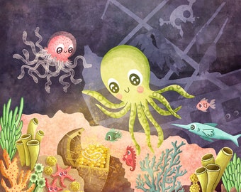 Underwater Treasure - Cute Octopus Illustration Underwater Art Print Ocean Illustration Gender Neutral Baby Nursery Art Aquatic Illustration