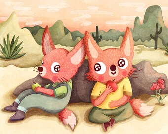 Fennek Fox Friends Art Print: woestijndier illustratie, decoratie kinderkamer