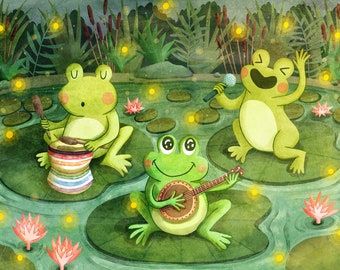 Frog Pond Band - Animal Illustration Frog Art Print Pond Illustration Gender Neutral Baby Nursery Art Frog Illustration Music art print