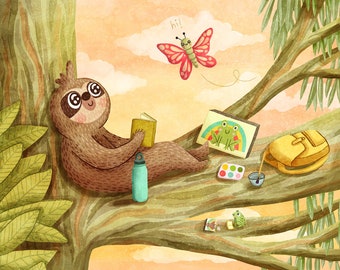 Sloth Tree Painting - Animal Illustration Sloth Art Print Jungle Illustration Gender Neutral Baby Nursery Art Sloth Illustration
