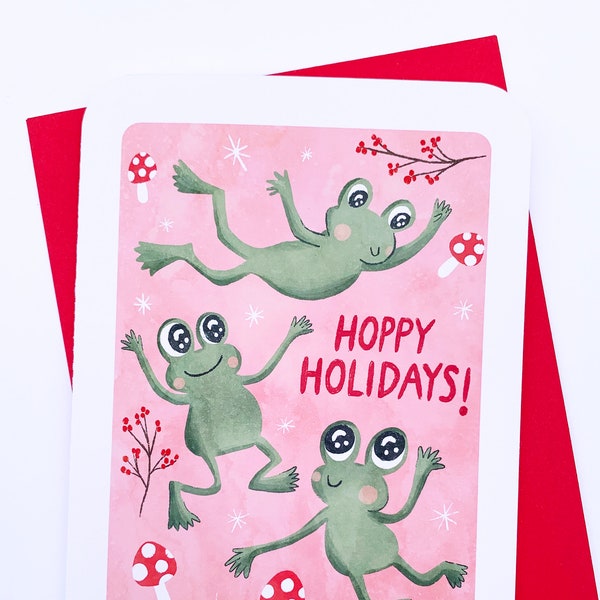 Hoppy Holidays Frogs - Cute Christmas Card Frogs Funny Holiday Card Boyfriend Holiday Greeting Cards Cute Winter Card Punny Holiday card Pun